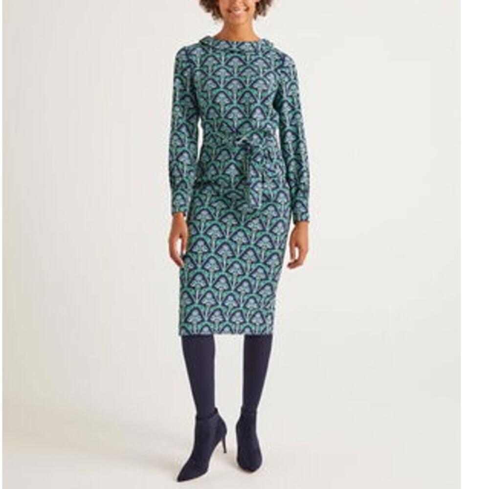 Boden Womens Florrie Dress Long Sleeve High Neck Back Zip Green Blue Size 8P